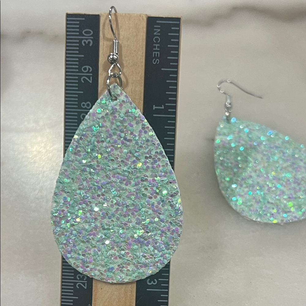 Glittering Teardrop Earrings in Silver and Green - Picture 2 of 3